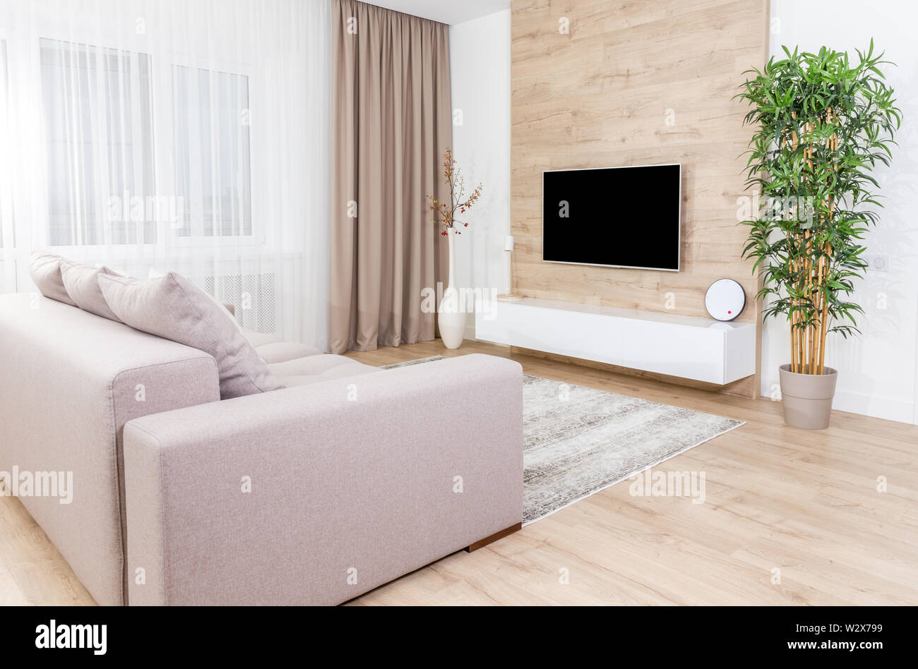 Living Room With Couch And Led Tv On Wooden Wall In Modern