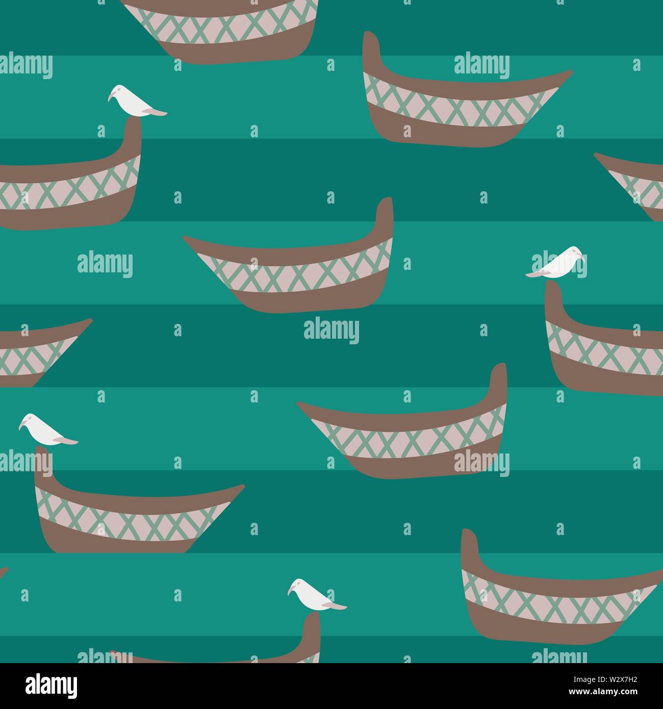seamless vector pattern with boats, seagulls and teal stripes of water Stock Vector