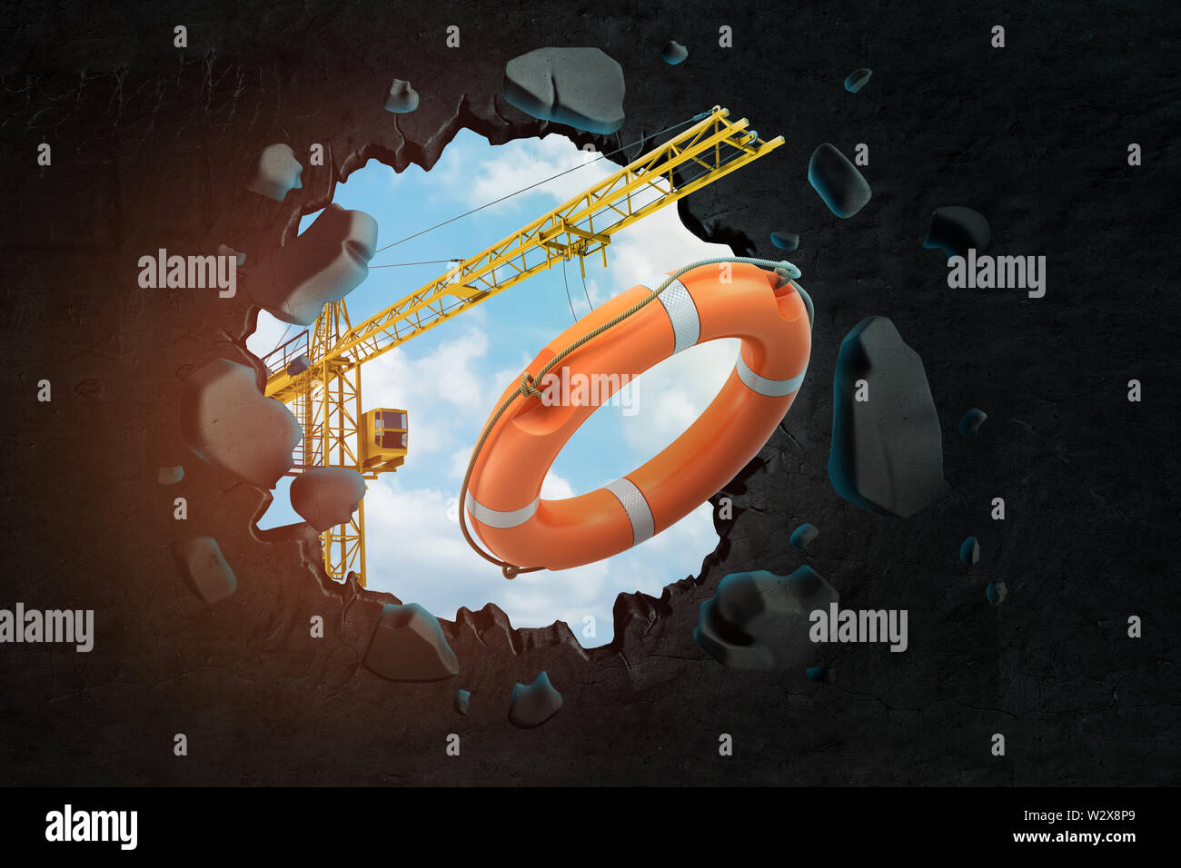 3d rendering of hoisting crane carrying orange lifebuoy and breaking hole in black wall with blue sky seen through. Stock Photo