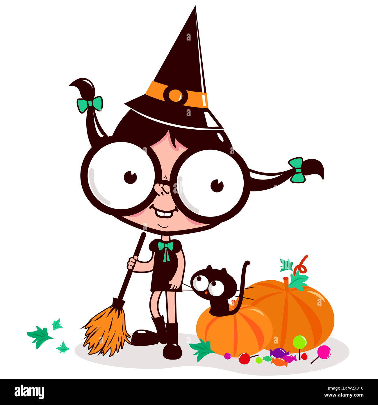 Cartoon Halloween witch with a broom and black cat sweeping pumpkin leaves. Trick or treat Halloween party. Stock Photo