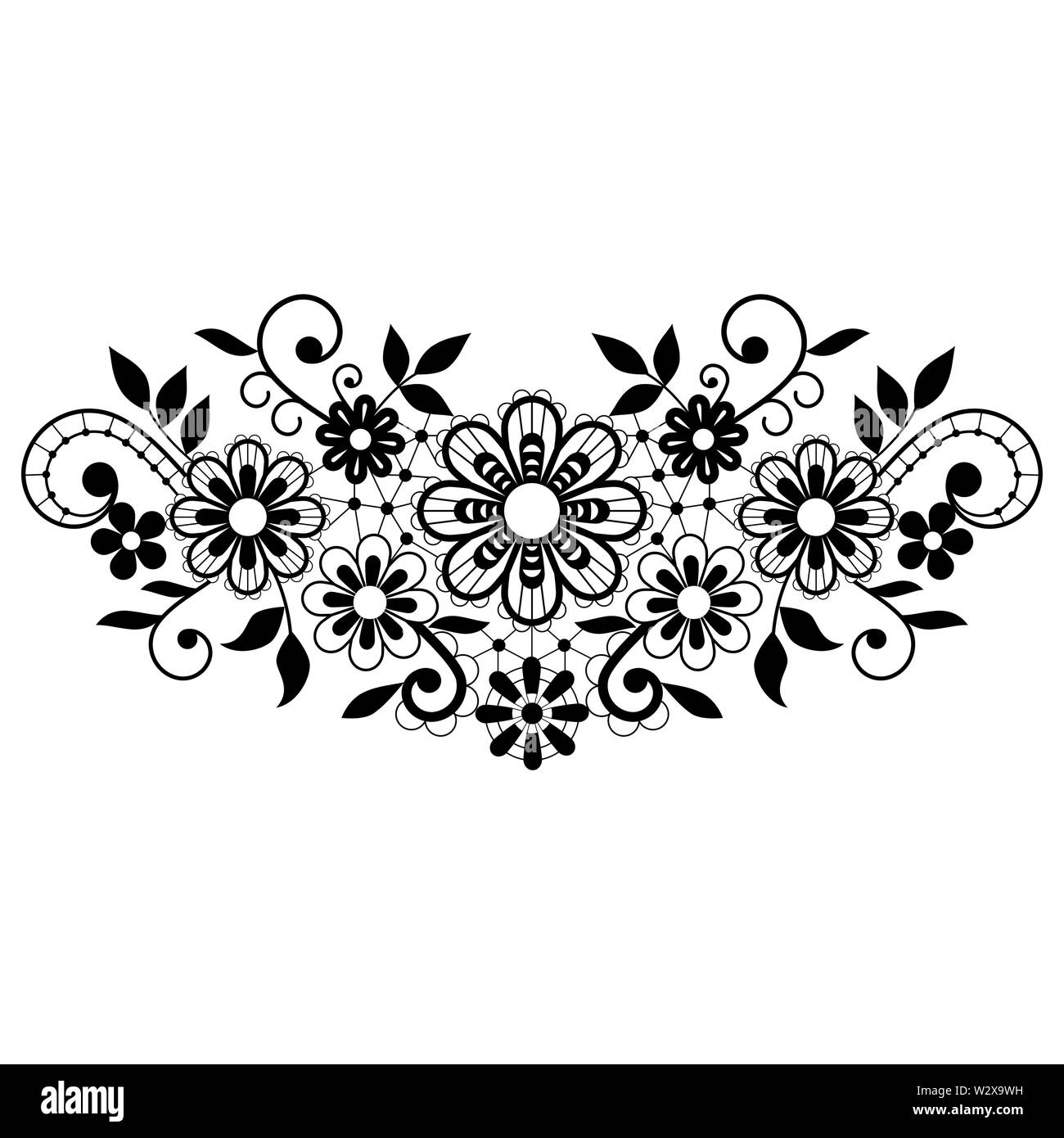 Retro black lace vector single design, ornamental pattern with flowers and swirls, detailed lace motif Stock Vector