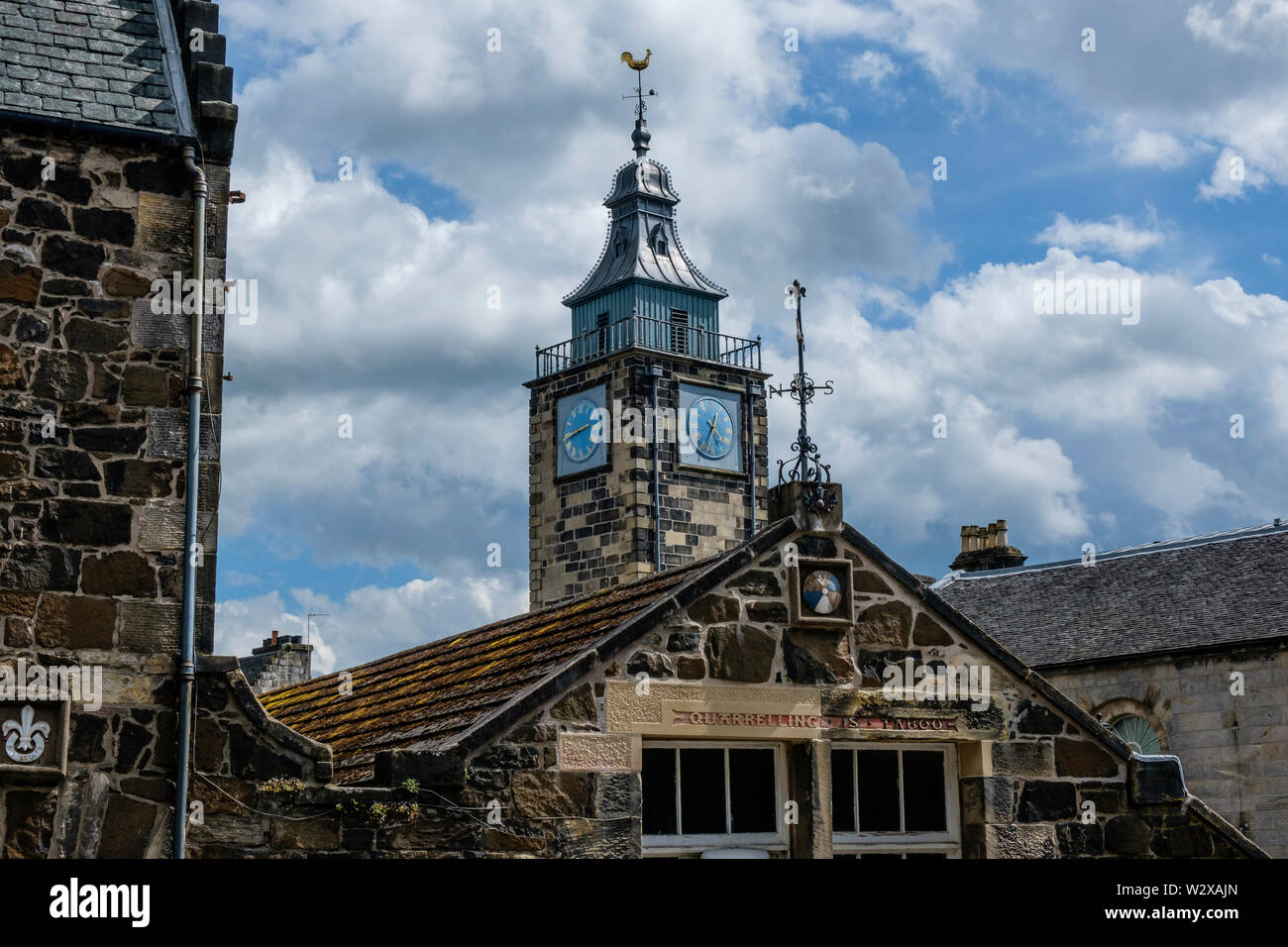Scottish Boys Club Old Town Stirling Stirlingshire Scotland  with Tolbooth tower clock and stepped gable roofs Stock Photo