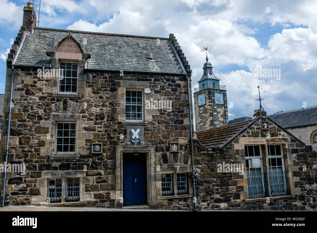 Scottish Boys Club Old Town Stirling Stirlingshire Scotland  with Tolbooth tower clock and stepped gable roofs Stock Photo