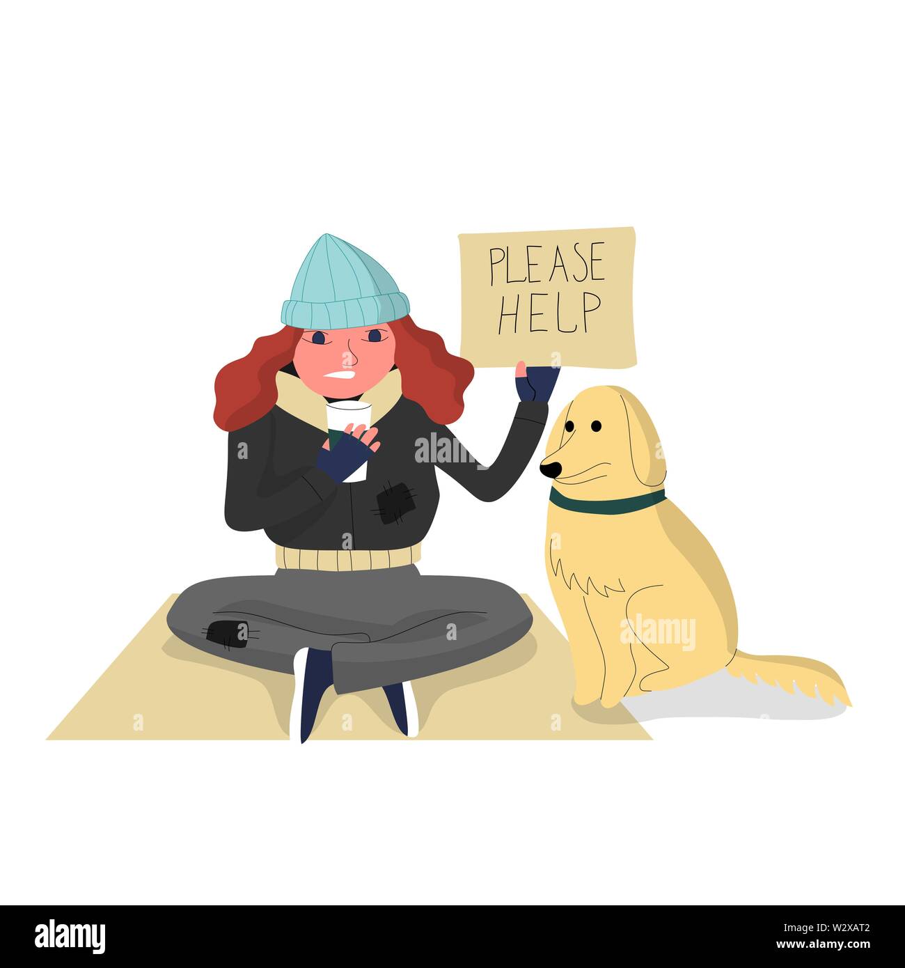 Homeless woman sitting on cardboard with a dog, holding paper cup to collect donations and cardboard with text please help. Isolated on white backgrou Stock Vector