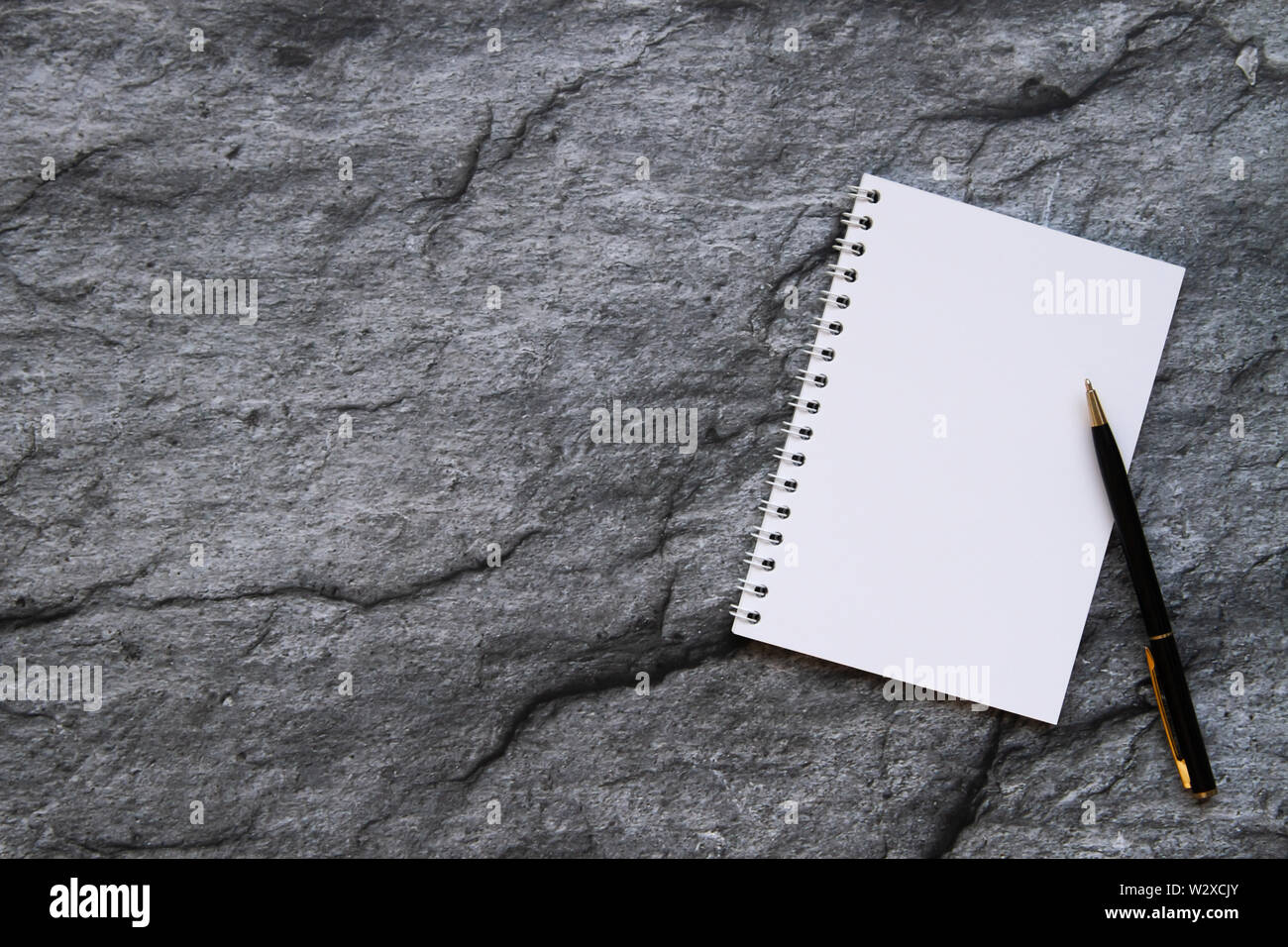 Blank spiral bound notebook and pen. Copy space Stock Photo