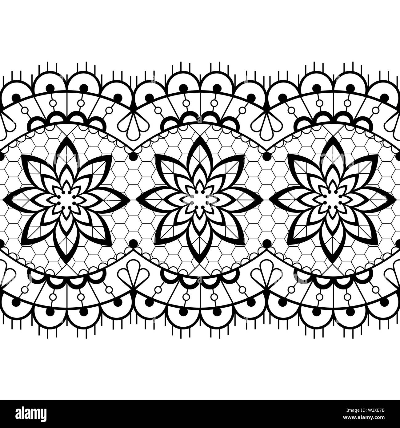 Retro seamless lace vector design - black and white detailed vector wedding lace pattern with flowers and swirls, symmetric ornament Stock Vector
