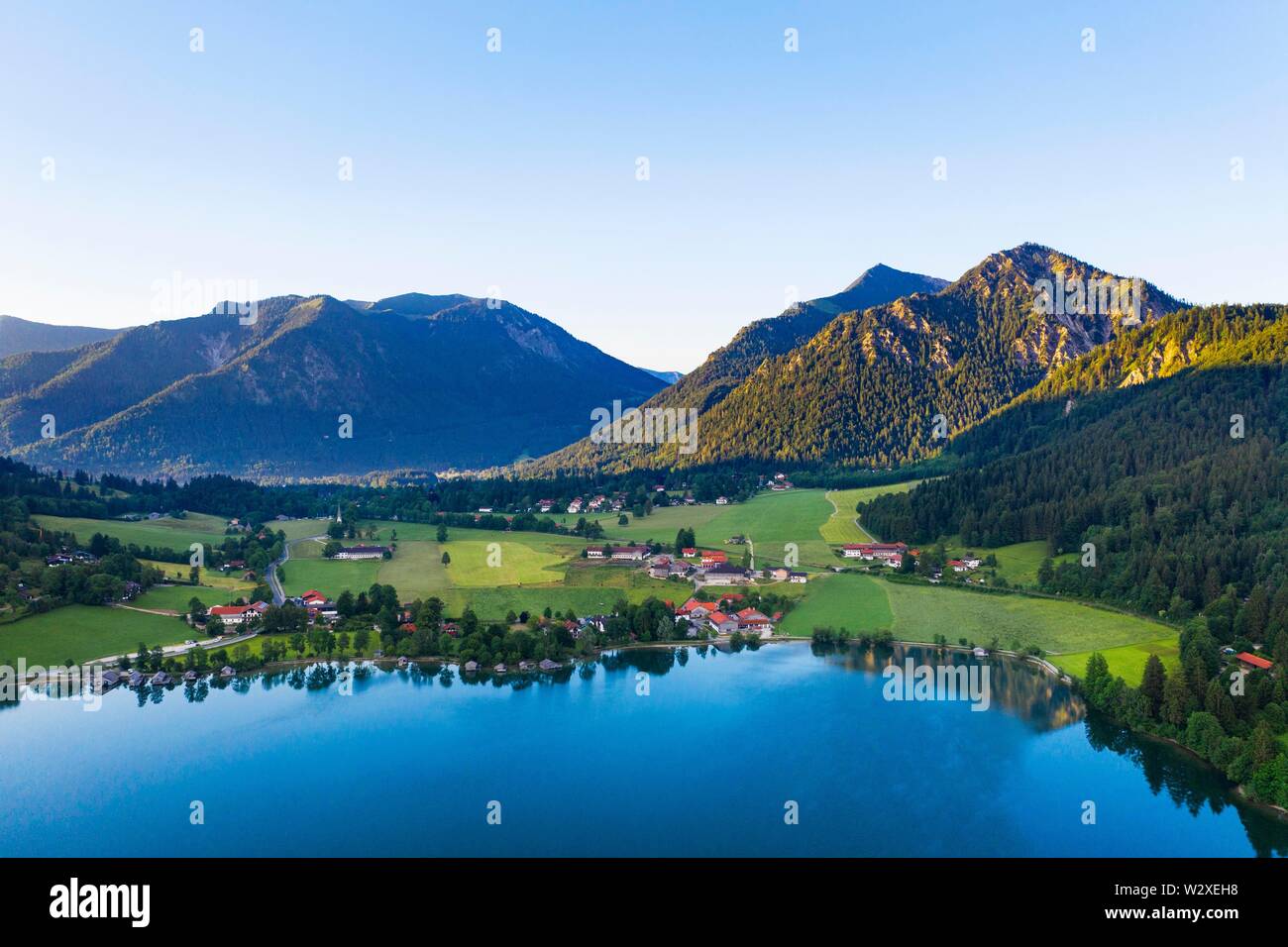District Fischhausen, Schliersee, mountains Nagelspitz and Brecherspitz, Mangfall mountains, drone shot, Upper Bavaria, Bavaria, Germany Stock Photo