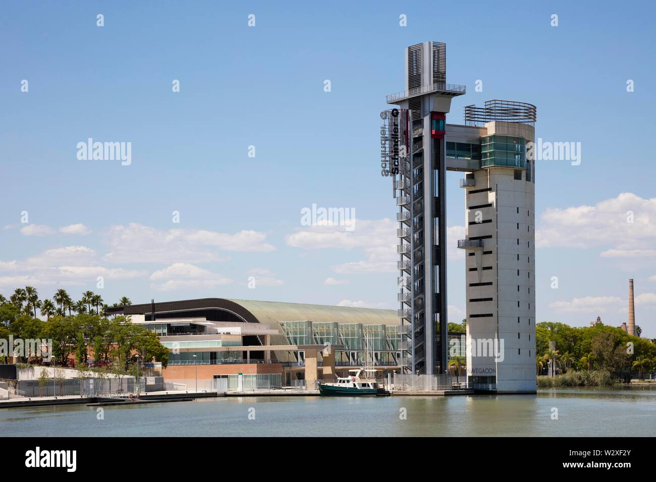 Expo 92 site with Torre Schindler at the river Guadalquivir, Isla de la Cartuja, Sevilla, Andalusia, Spain Stock Photo