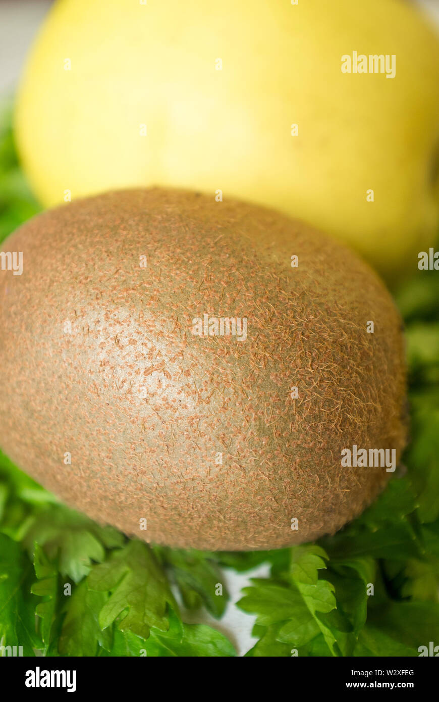 Soft skin of yellow apple close to rough skin of kiwifruit over green fresh parsley. Closeup Stock Photo