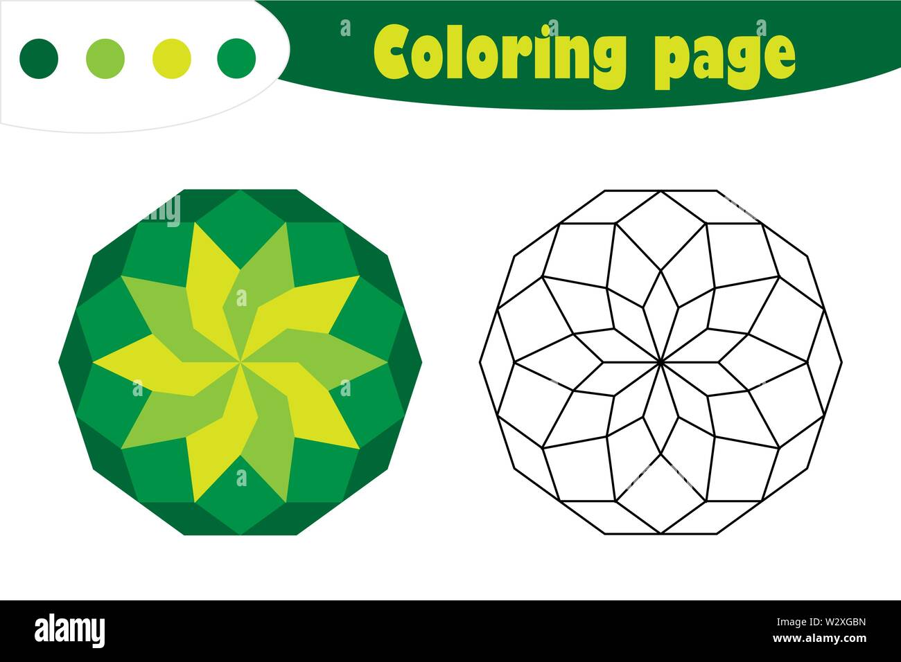 Green mandala in cartoon style, coloring page, spring education paper game for the development of children, kids preschool activity, printable workshe Stock Vector