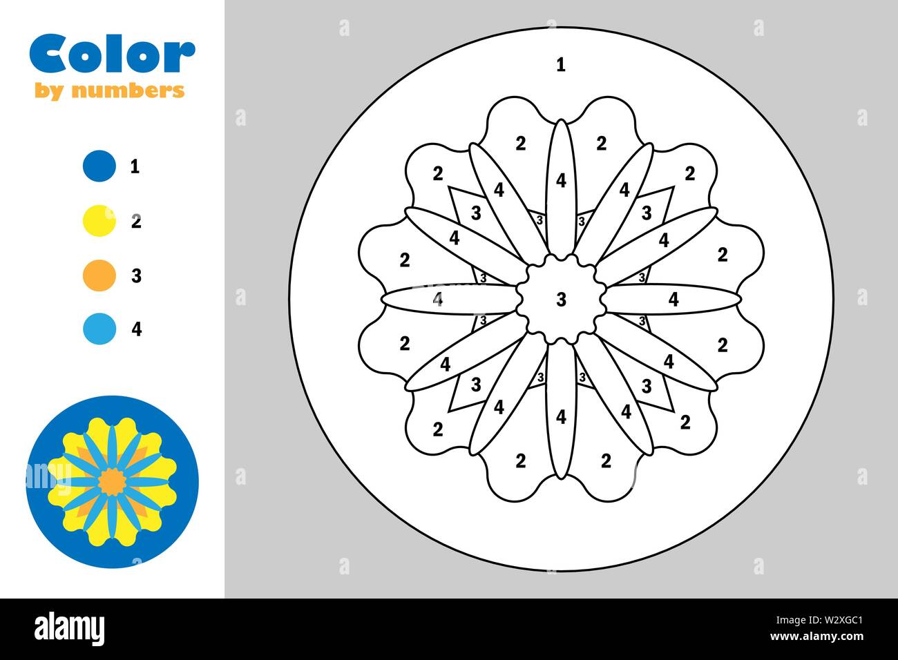 Mandala in cartoon style, color by number, education paper game for the development of children, coloring page, kids preschool activity, printable wor Stock Vector