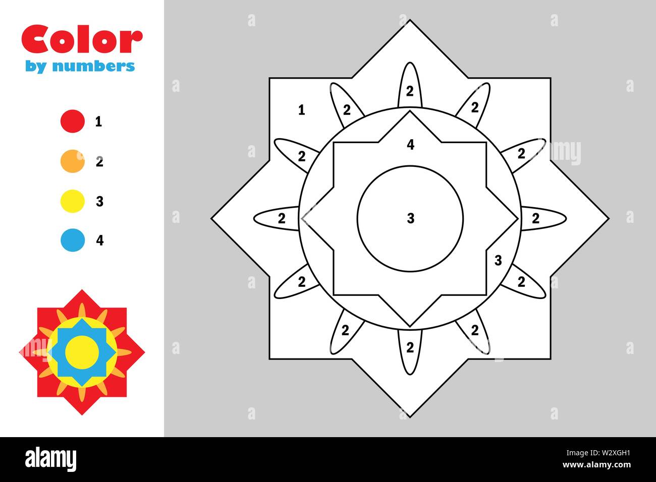 Colorful mandala in cartoon style, color by number, education paper game for the development of children, coloring page, kids preschool activity, prin Stock Vector