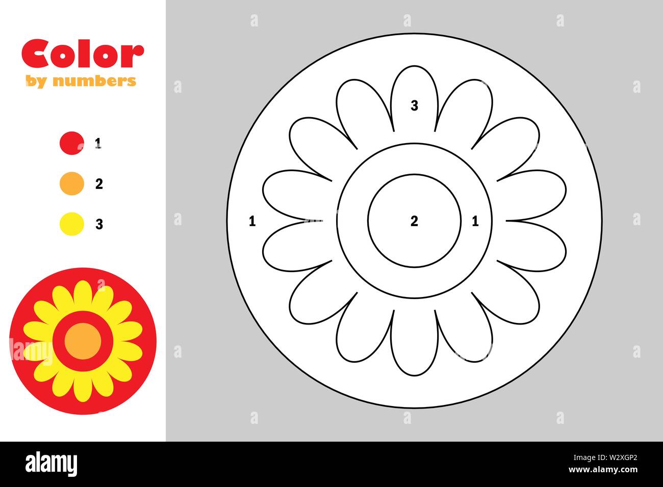 Mandala in cartoon style, color by number, education paper game for the development of children, coloring page, kids preschool activity, printable wor Stock Vector