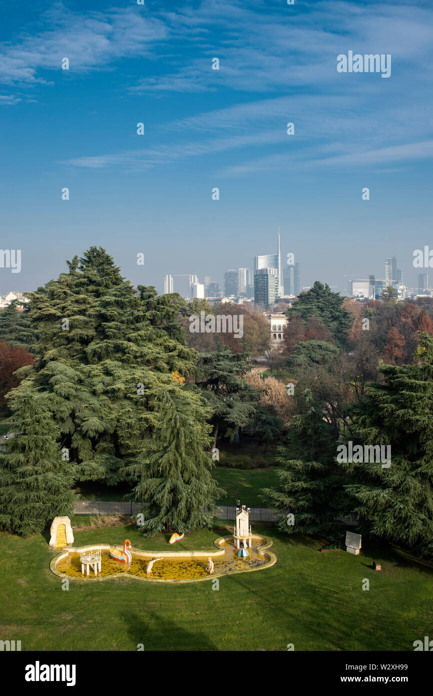 Italy, Lombardy, Milan, cityscape from Triennale Museum rooftop restaurant Stock Photo