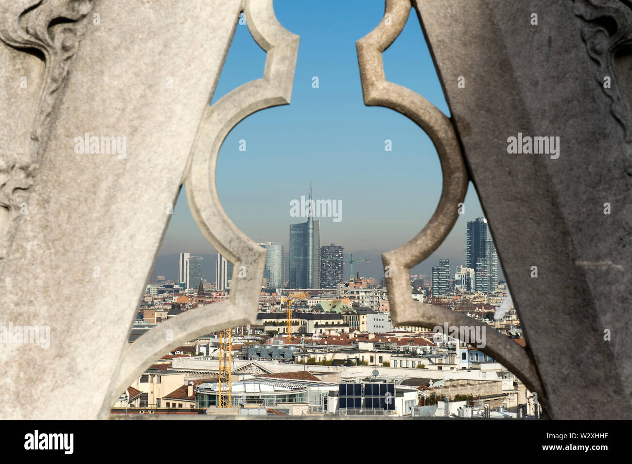 Italy, Lombardy, Milan, cityscape from Duomo rooftop Stock Photo
