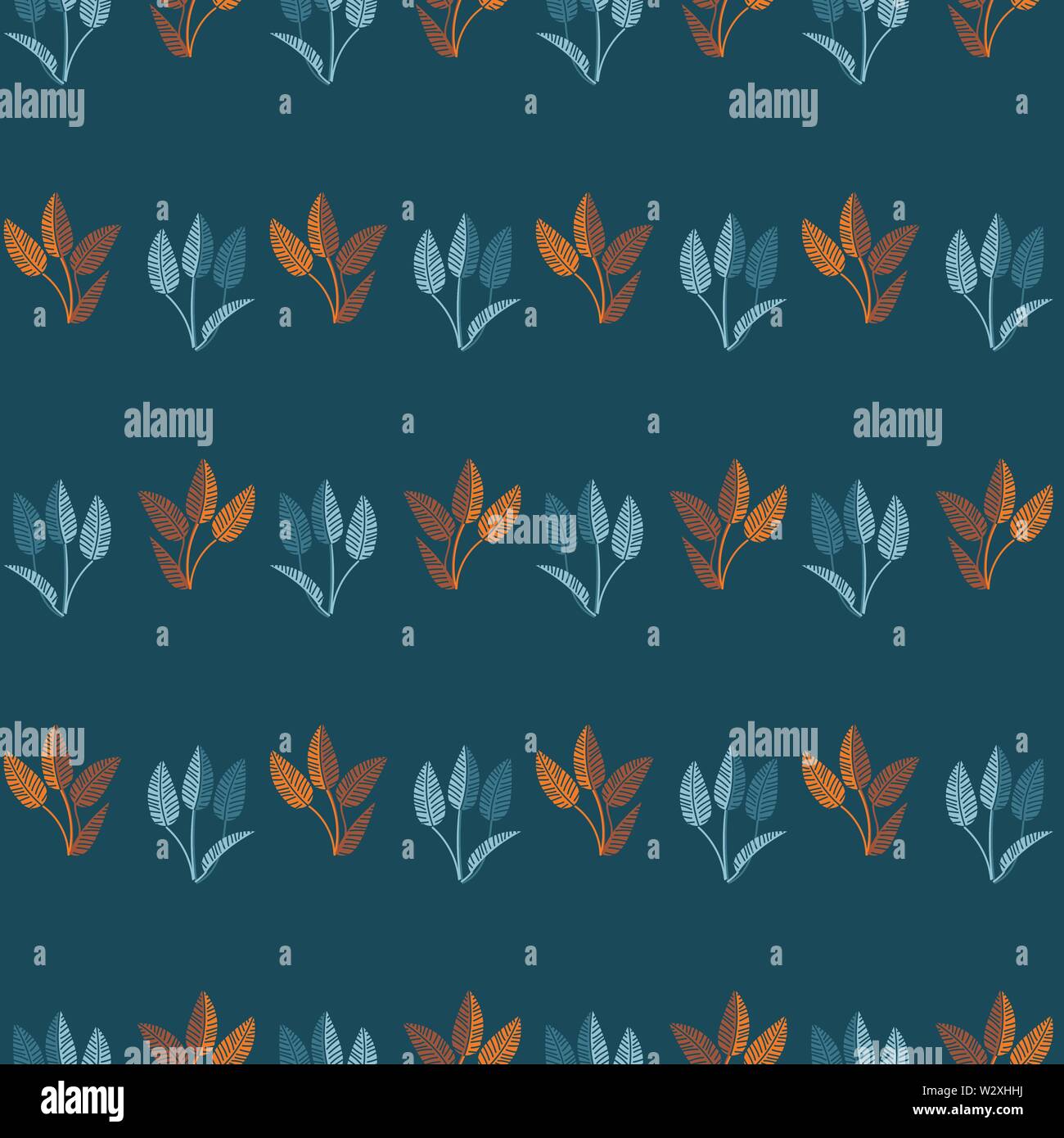 seamless vector stripes pattern with blue and orange leaves on teal background Stock Vector