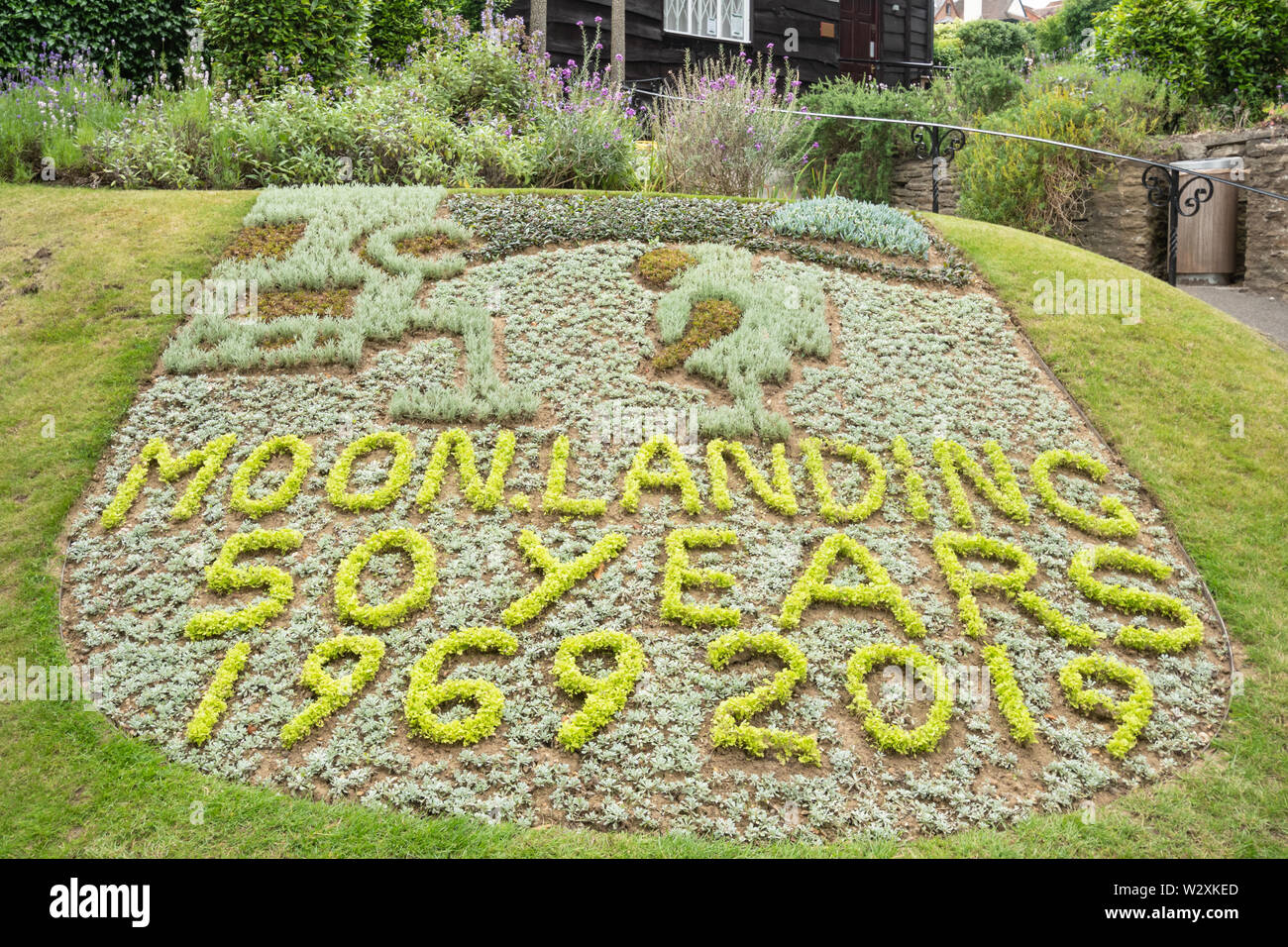 Garden in the castle grounds in Guildford, Surrey, UK, commemorating 50 years anniversary of the moon landing 1969 to 2019 Stock Photo
