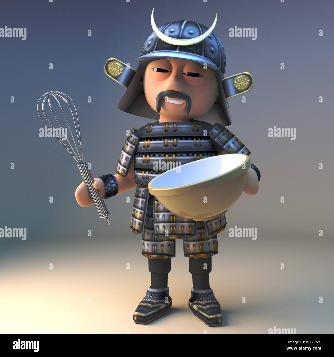 Clever Japanese samurai warrior whisks his cake mix in a bowl, 3d illustration render Stock Photo