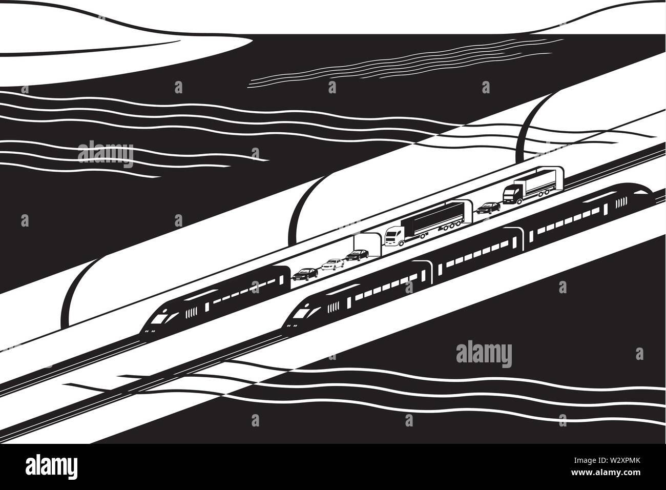 Underwater railway tunnel  with freight and passenger trains - vector illustration Stock Vector