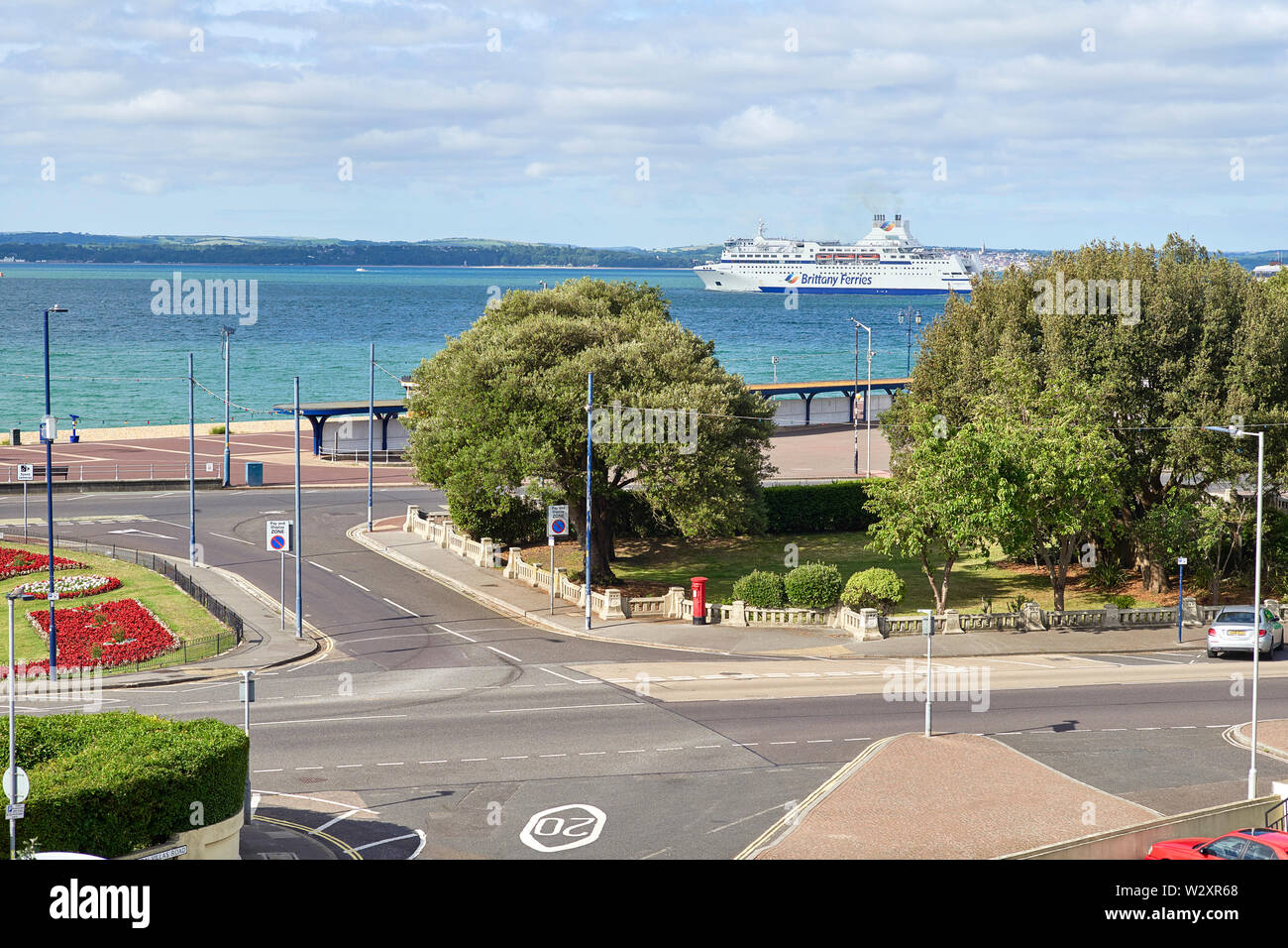 A Brittany ferry passes though the Solent on its way to France with the Isle of Wight in the background Stock Photo