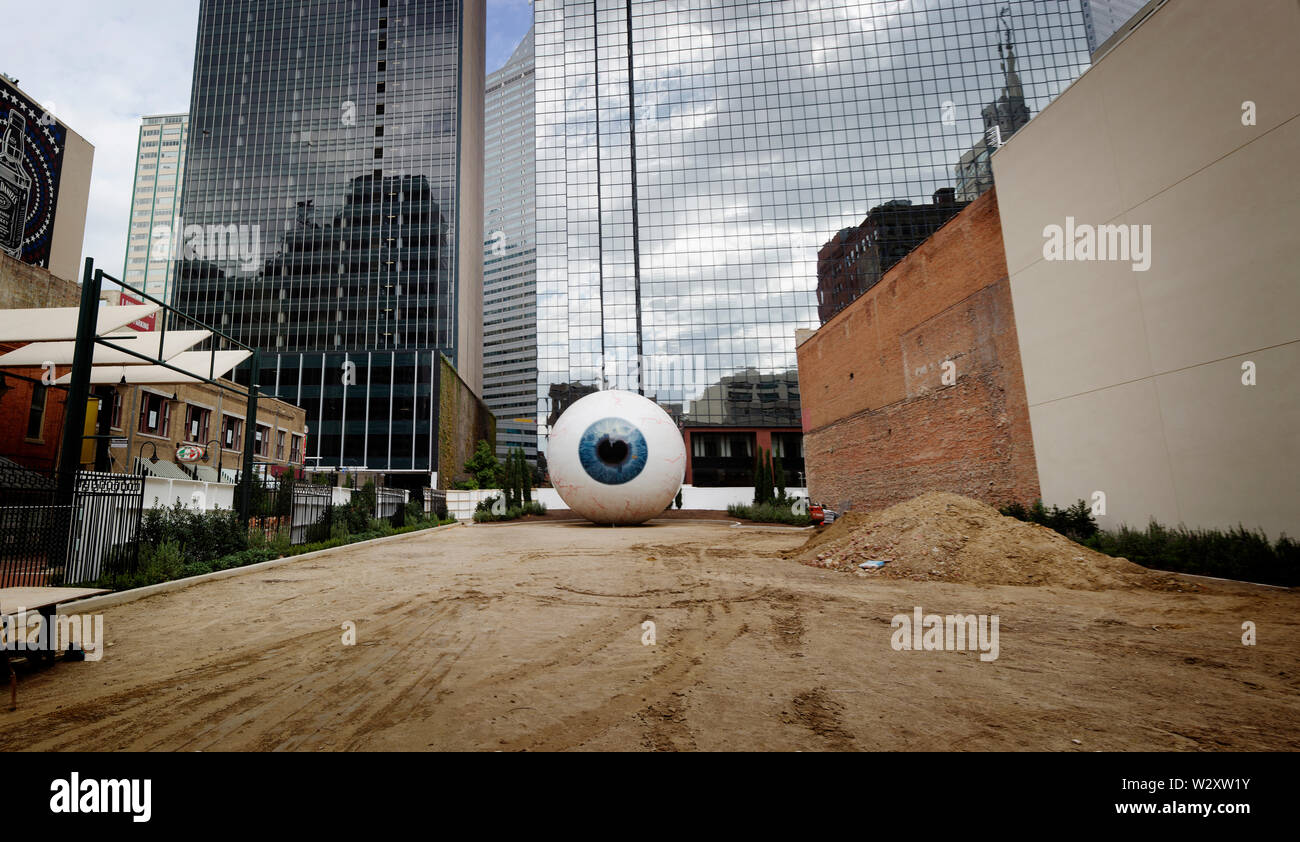 A giant eyeball sits outside the Joule Hotel in Dallas, courtesy of the artist Tony Tasset. Stock Photo