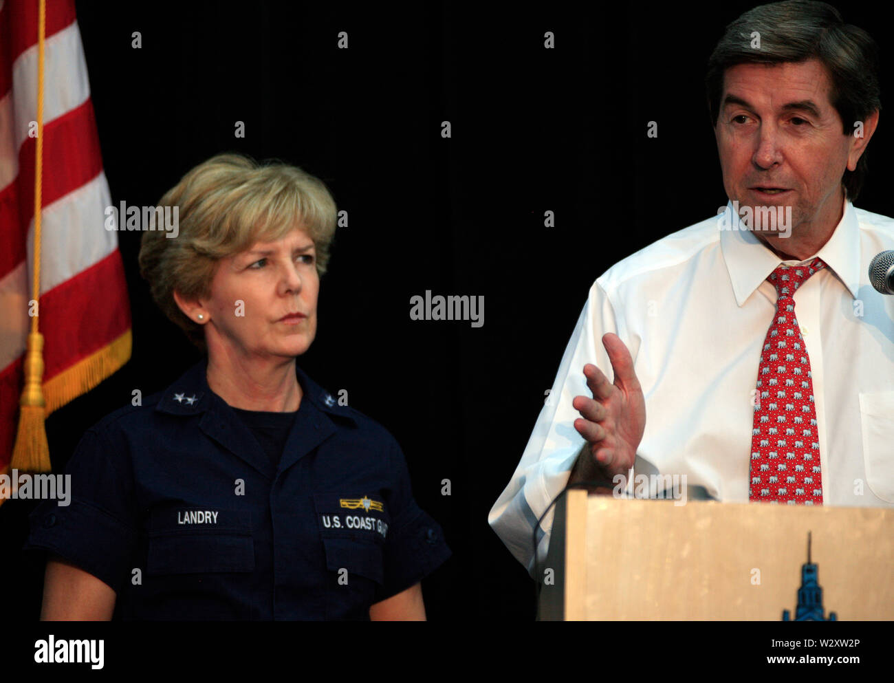 U.S. Coast Guard Rear Adm. Mary Landry and BP Chief Operating Officer Doug Suttles brief media about the ongoing Deepwater Horizon oil disaster. Stock Photo