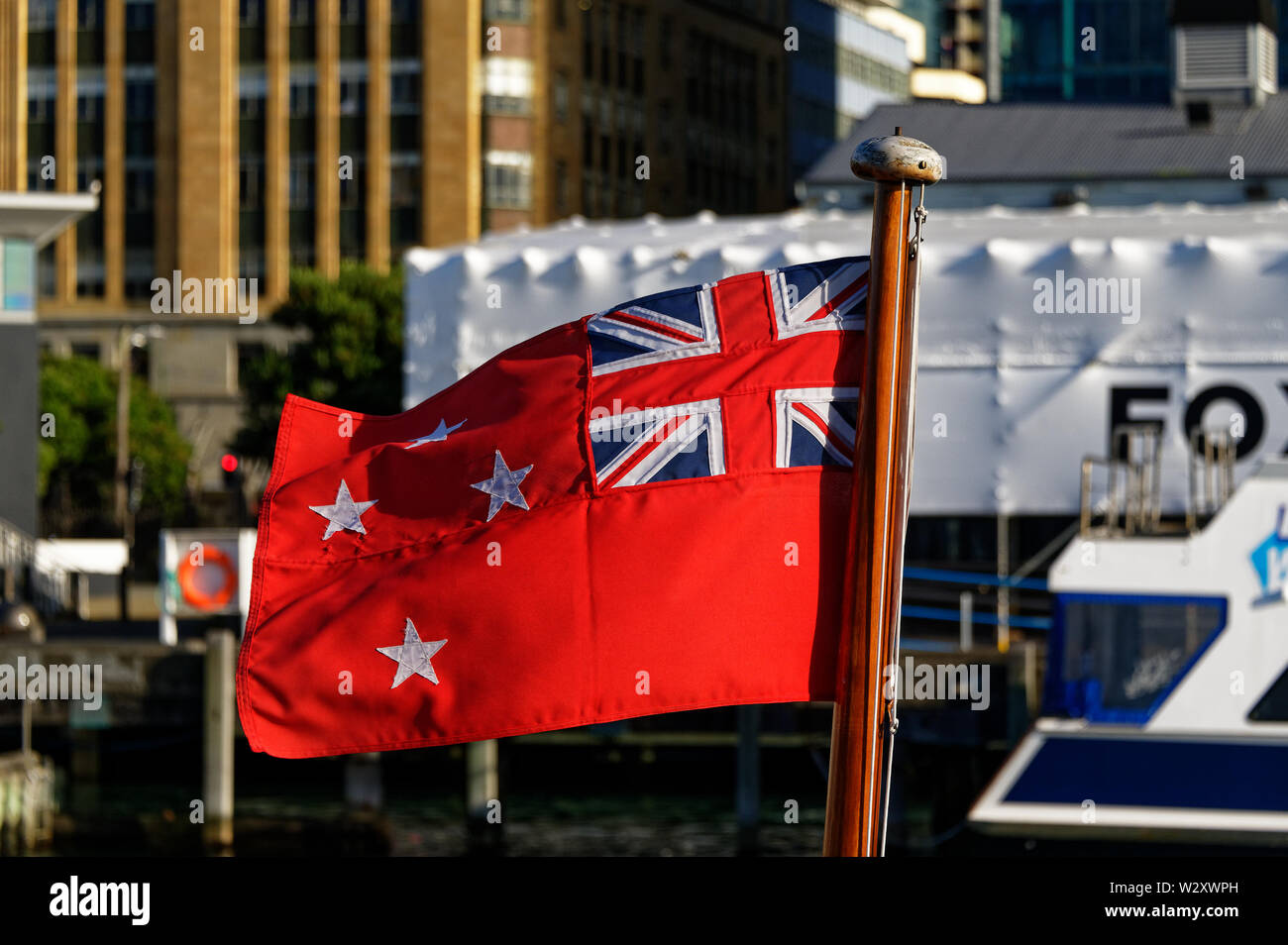 New Zealand's Red Ensign is flown on boats and was used on merchant ships during both World Wars Stock Photo