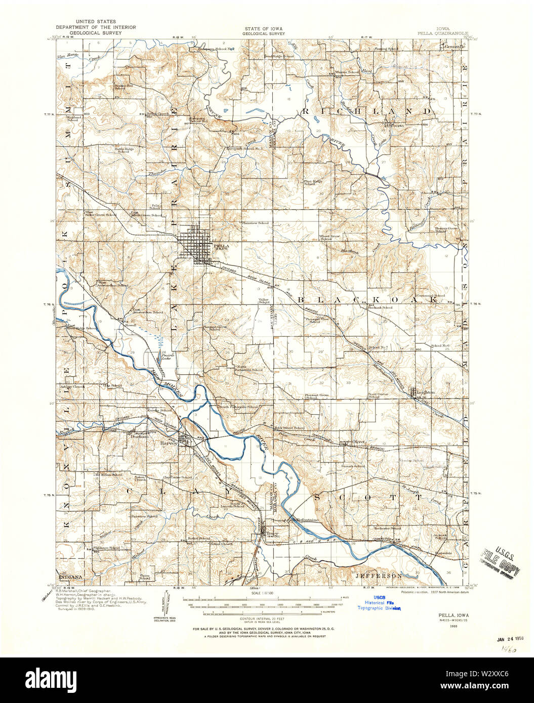 USGS TOPO Maps Iowa IA Pella 175353 1910 62500 Restoration Stock Photo