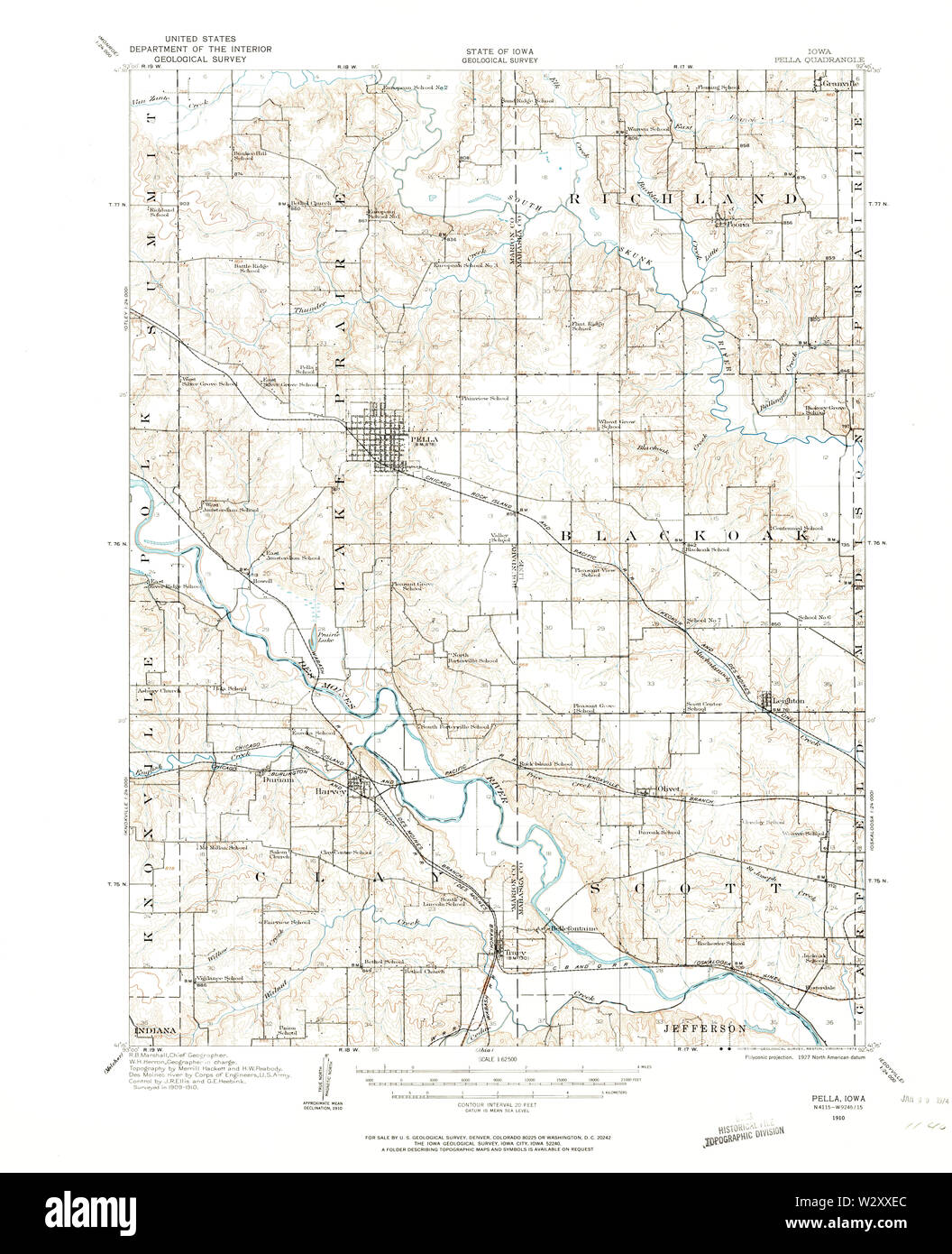 USGS TOPO Maps Iowa IA Pella 175352 1910 62500 Restoration Stock Photo