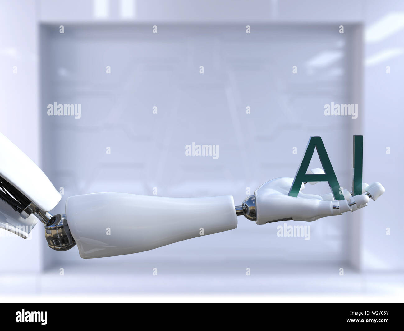 3D rendering of a male robot hand holding the text letters AI, meaning