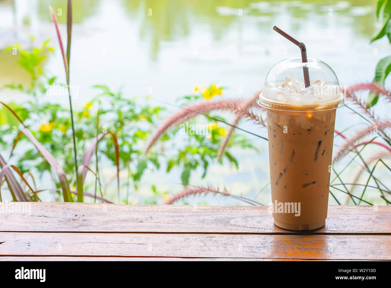 https://c8.alamy.com/comp/W2Y10D/iced-coffee-in-glass-on-the-table-background-pennisetum-pedicellatum-and-pond-W2Y10D.jpg