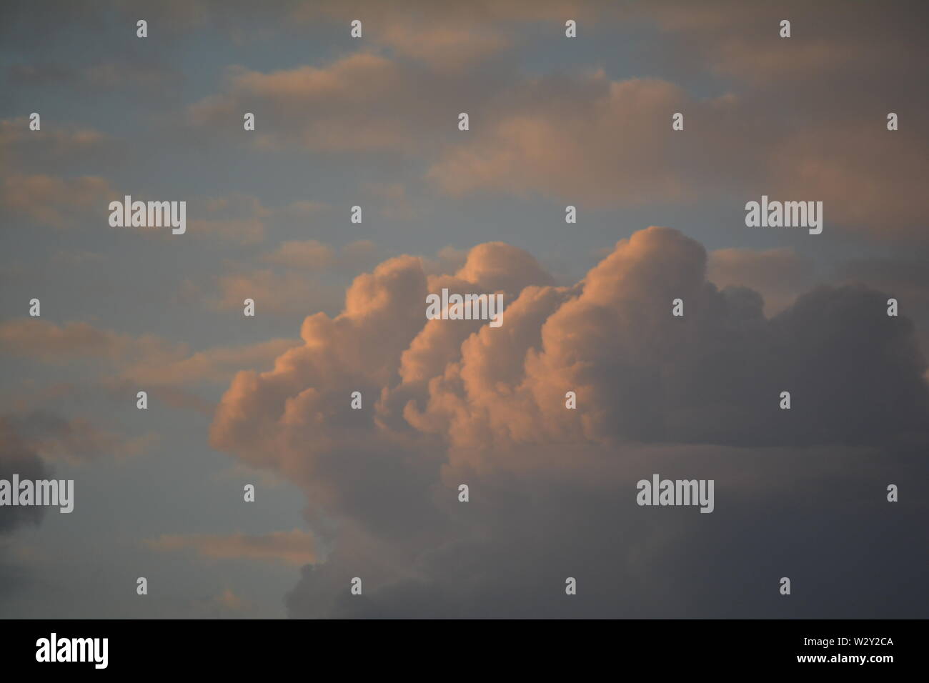 Billowing cummulus  white fluffy clouds catching the light of the evening sun setting, glowing at the edges Stock Photo