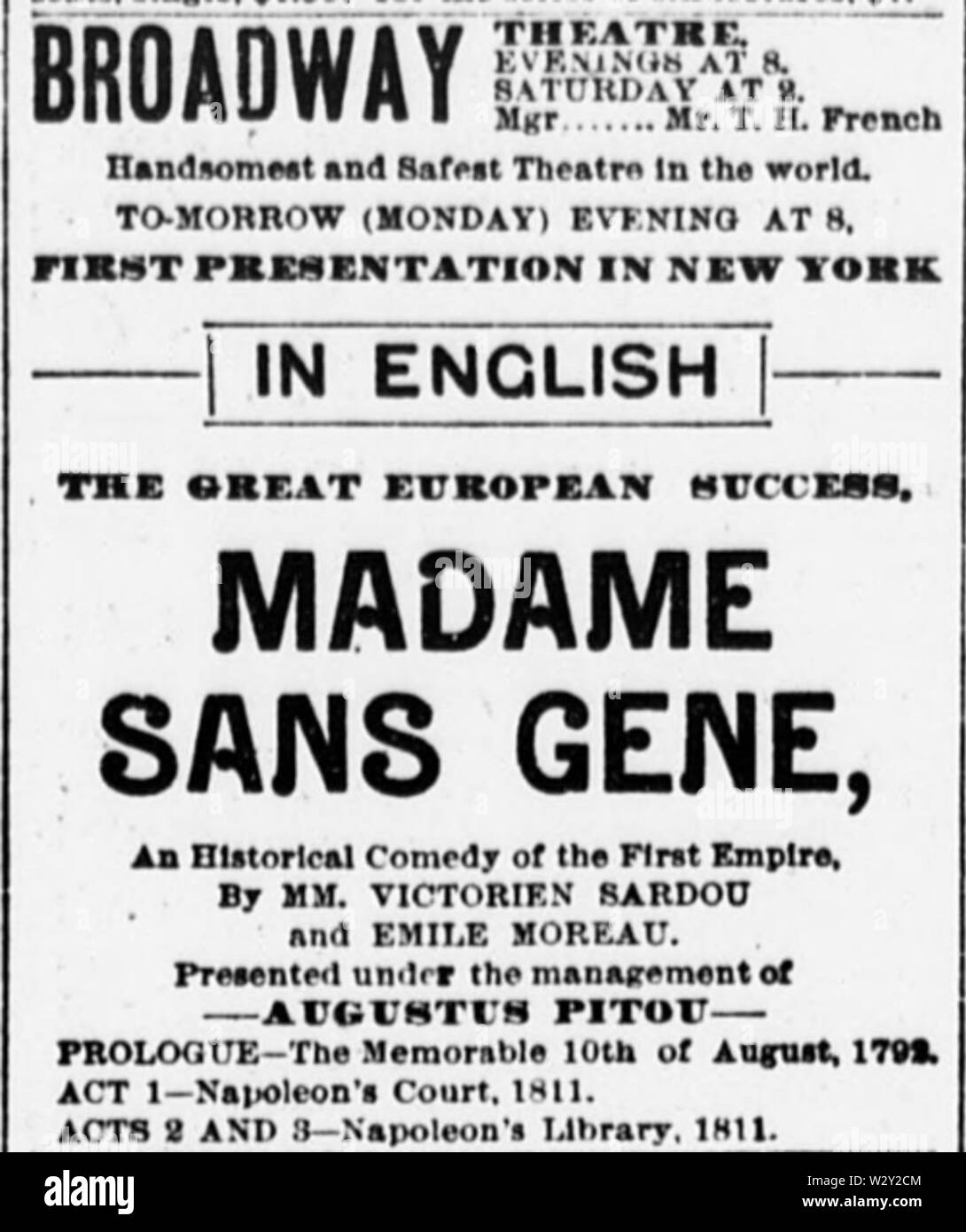 Madame Sans Gene Broadway Theatre NY Sun Jan 13 1895 Stock Photo