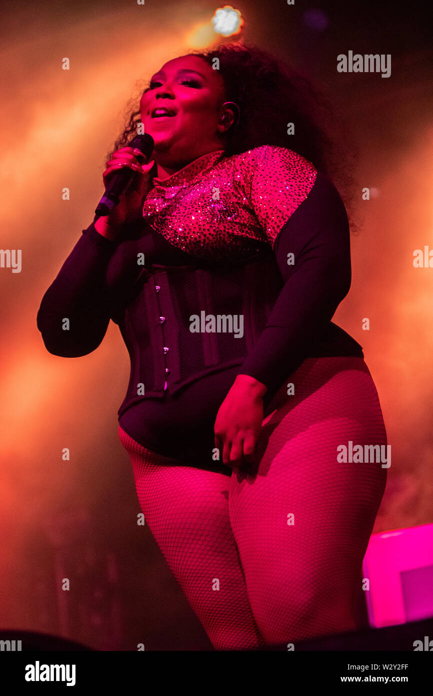 Milan Italy. 10 July 2019. The American singer rapper and actress Melissa Viviane Jefferson known on stage as LIZZO performs live on stage at Circolo Magnolia during the 'Cuz I Love You Tour'. Stock Photo