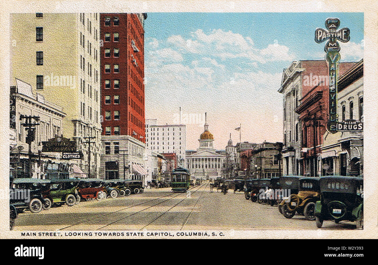 Main Street looking towards State Capitol, Columbia, SC 1910s Stock Photo