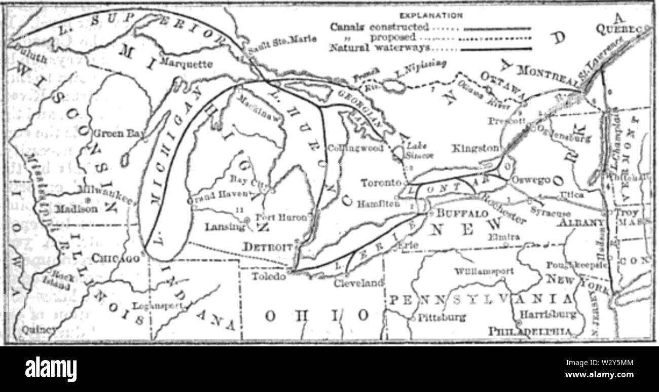 A map from the 1881 volume of Harper's Magazine shows the various canal projects on the Great Lakes. The dark black lines on the Lakes show major shipping routes already in use at that time. The Erie Canal can be seen running eastward from Buffalo to Troy. The Wood Creek navigation can be seen running from the eastern end of Lake Ontario as Oswego to meet the Erie. The Rideau Canal from Ottawa to the St. Lawrence can be seen running through Prescott. The proposed Michigan and Erie Canal can be seen in the lower left, running from the eastern side of Lake Michigan to Toledo on the Erie. This ro Stock Photo