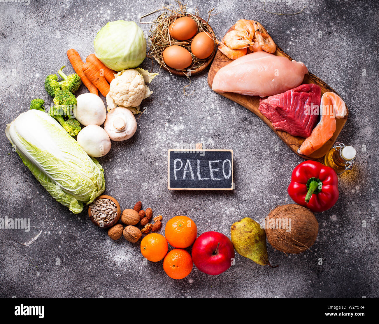 Paleo diet. Healthy high protein and low carbohydrate products Stock Photo