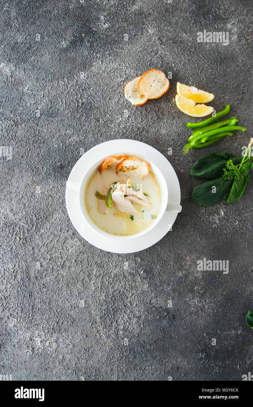 Creamy vegetable soup with chicken and croutons Stock Photo - Alamy