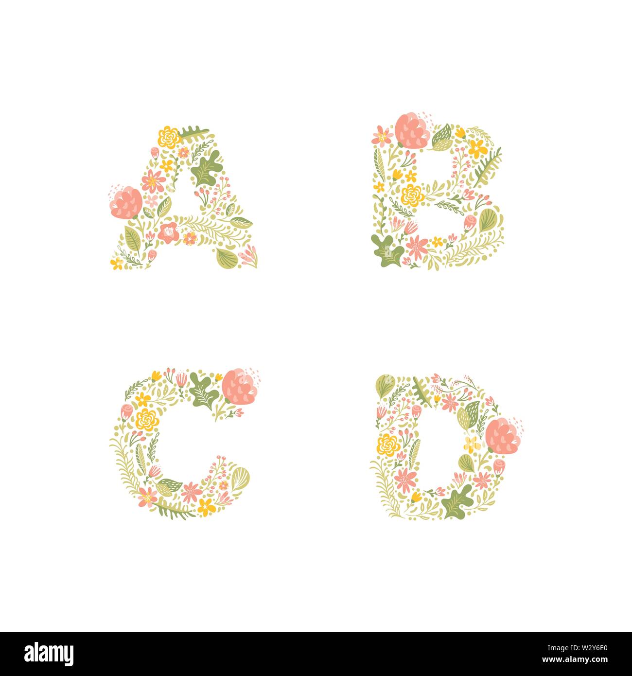 Vector Hand Drawn floral uppercase letter monograms or logo. Uppercase Letters A, B, C, D with Flowers and Branches Blossom. Floral Design Stock Vector