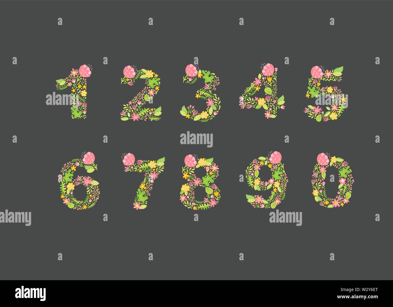 Vector Hand Drawn floral numbers monograms or logo. Uppercase numbers from 1 to 0 with Flowers and Branches Blossom. Floral Design Stock Vector