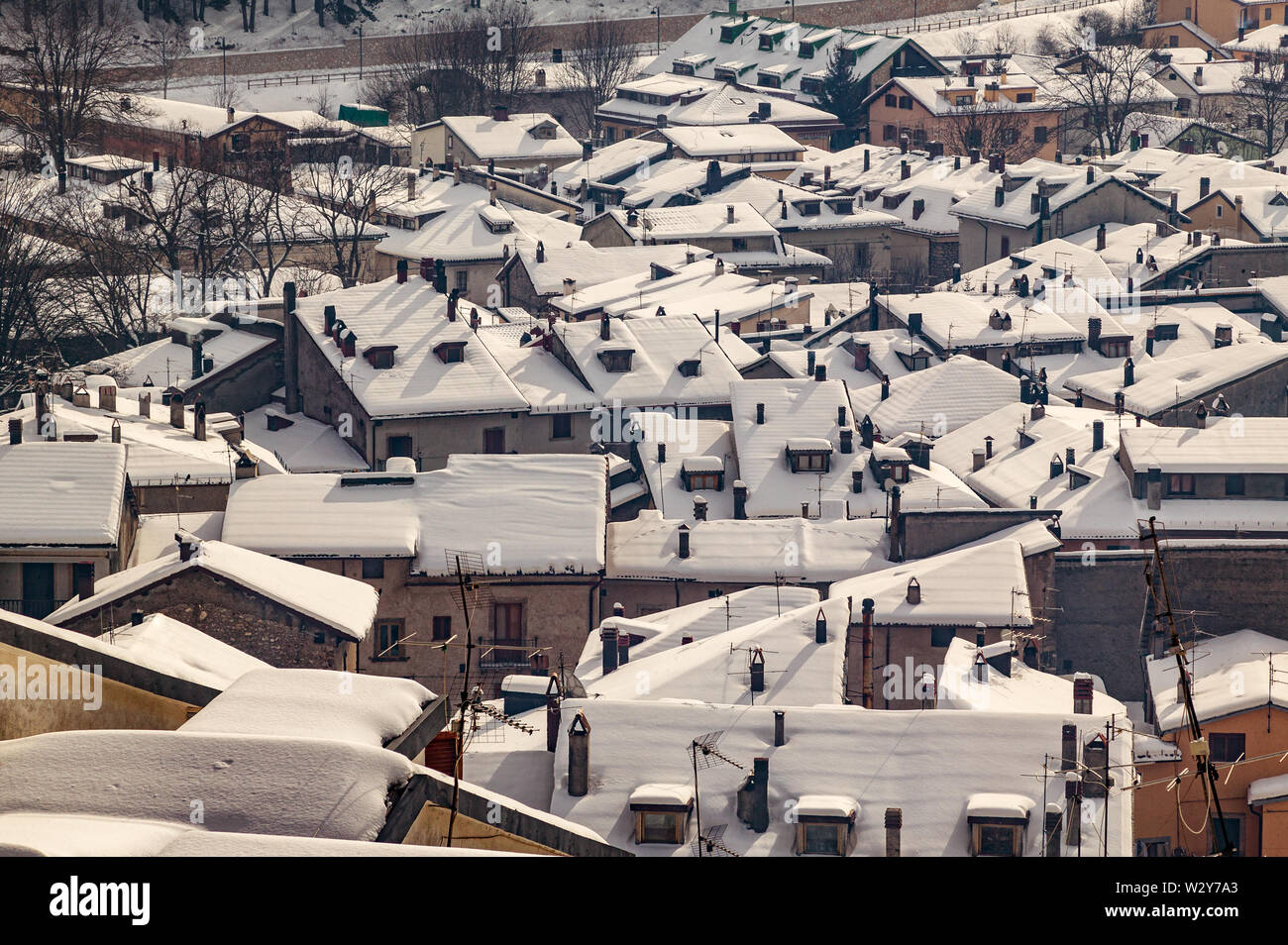 Aerial view of the beautiful snow-covered village of Perscasseroli, Abruzzo Lazio and Molise National Park Stock Photo