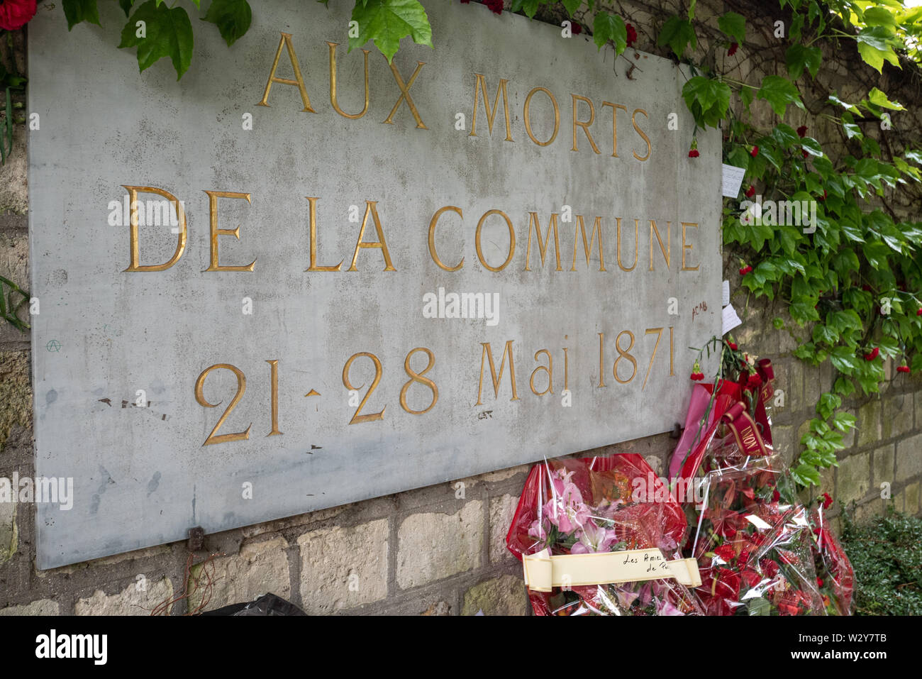 Paris, France - May 28, 2019: the communards wall at the Pere Lachaise Cemetery. The wall became the symbol of the people's struggle for their liberty. Stock Photo