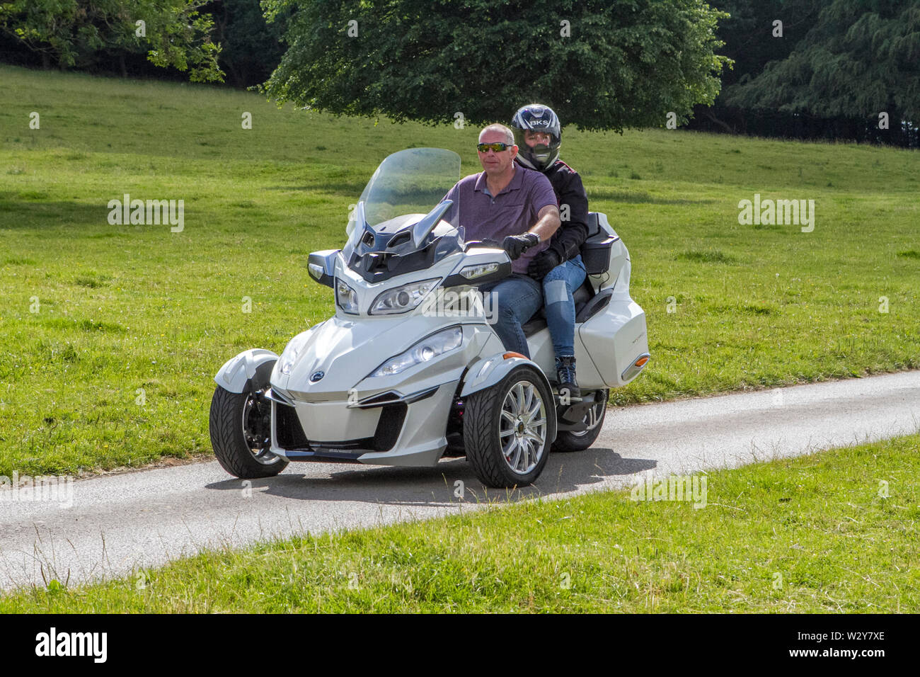 A BRP bombardier recreational products 3 wheel trike or motorbike appearing at Leighton Hall motor show, Carnforth, UK Stock Photo