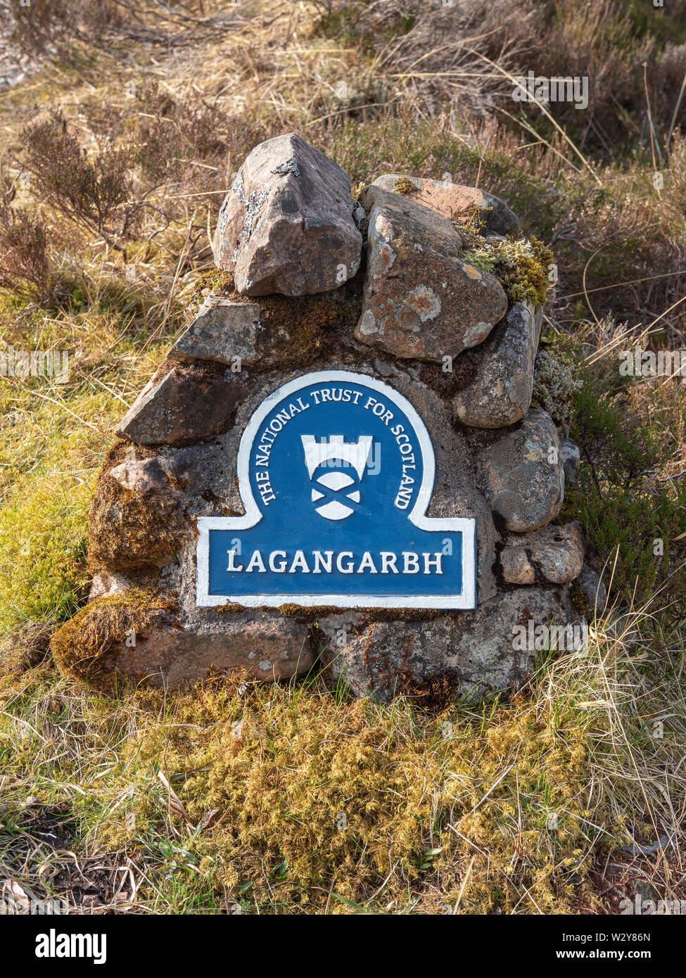 National Trust for Scotland path marker for Lagangarbh in Glencoe, Highlands, Scotland Stock Photo