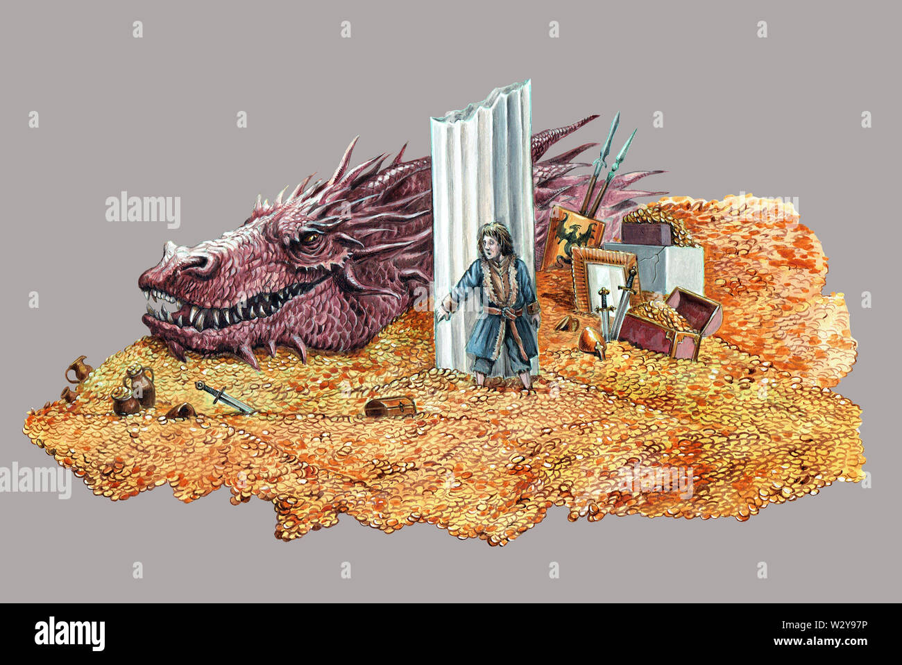 Fearsome dragon  and dwarf illustration. Dragon and his treasure. Fantasy acrylic illustration. Stock Photo