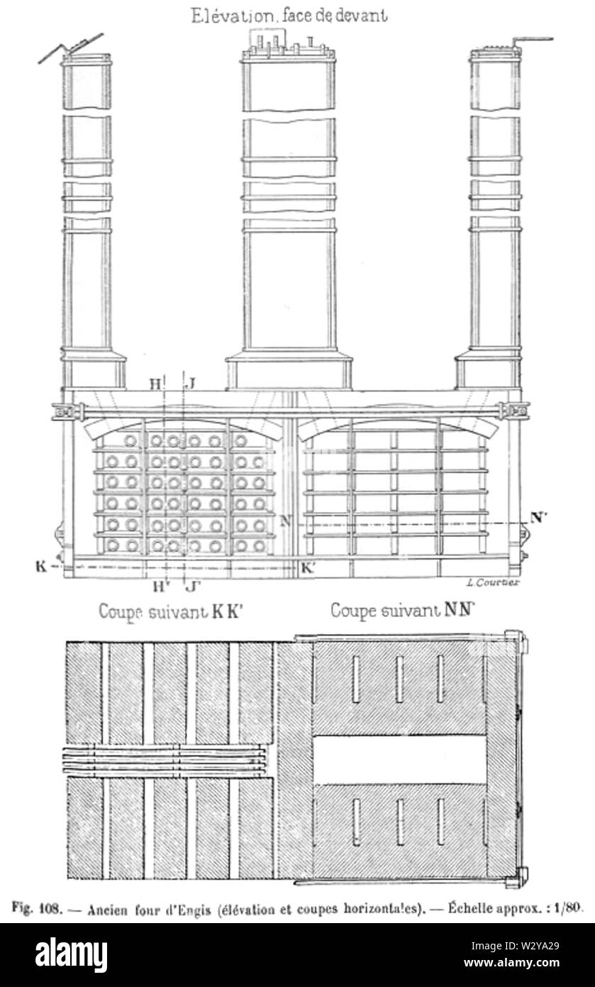 Métallurgie du zinc - Vue en élévation et coupes horizontales d'un ancien four d'Engis (p 311) Stock Photo