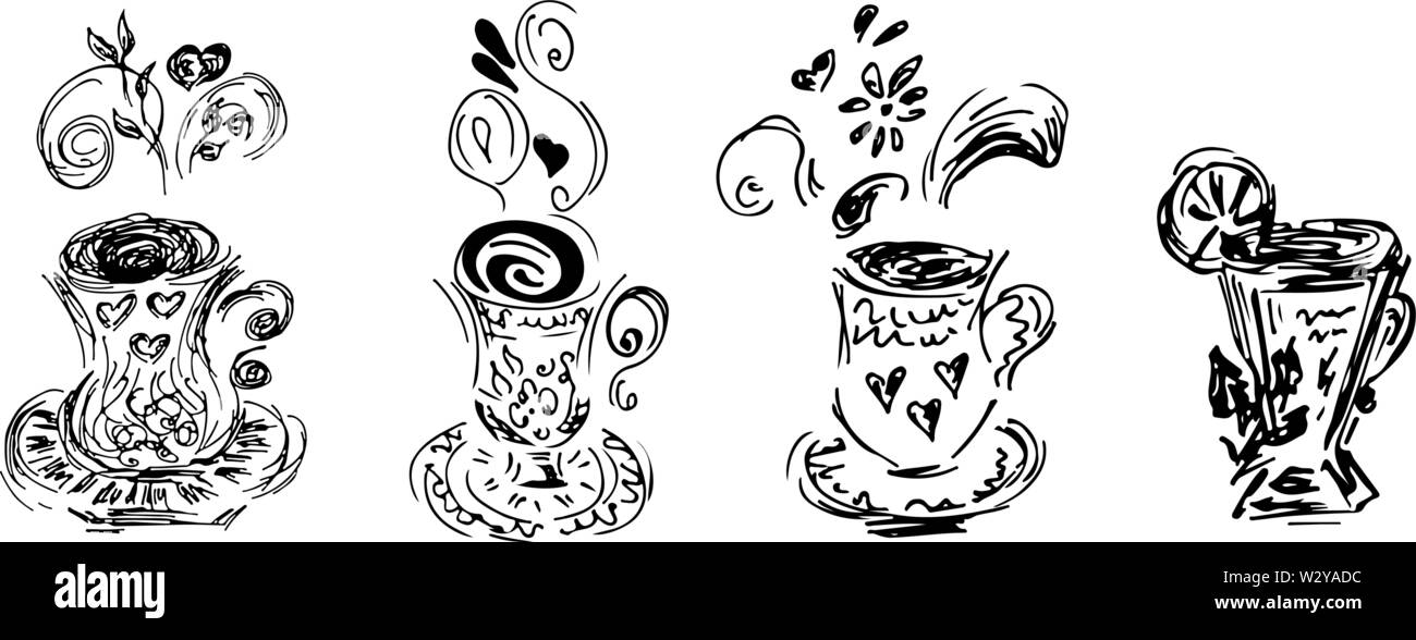 Sketch icon with tea cups set collection. Abstract black set on a white ...