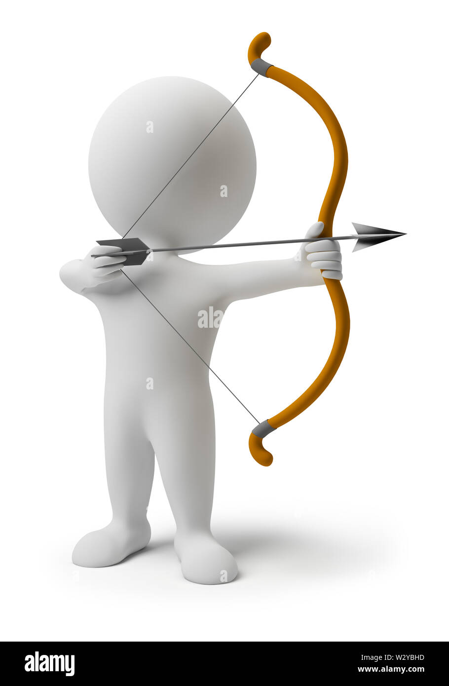 3d small people prepare for shooting an arrow. 3d image. Isolated white background. Stock Photo