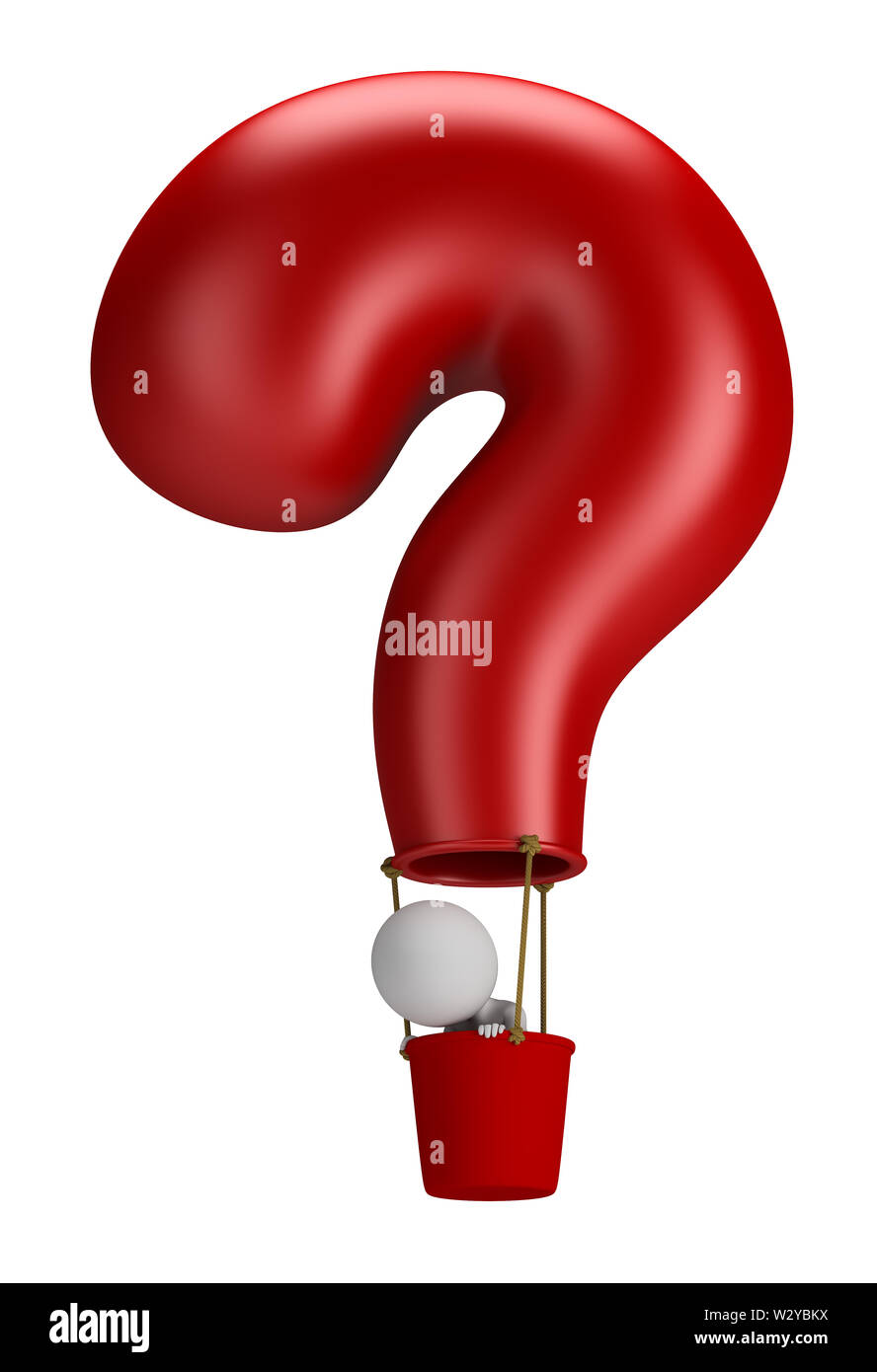 3d small person flying in a balloon question. 3d image. Isolated white background. Stock Photo