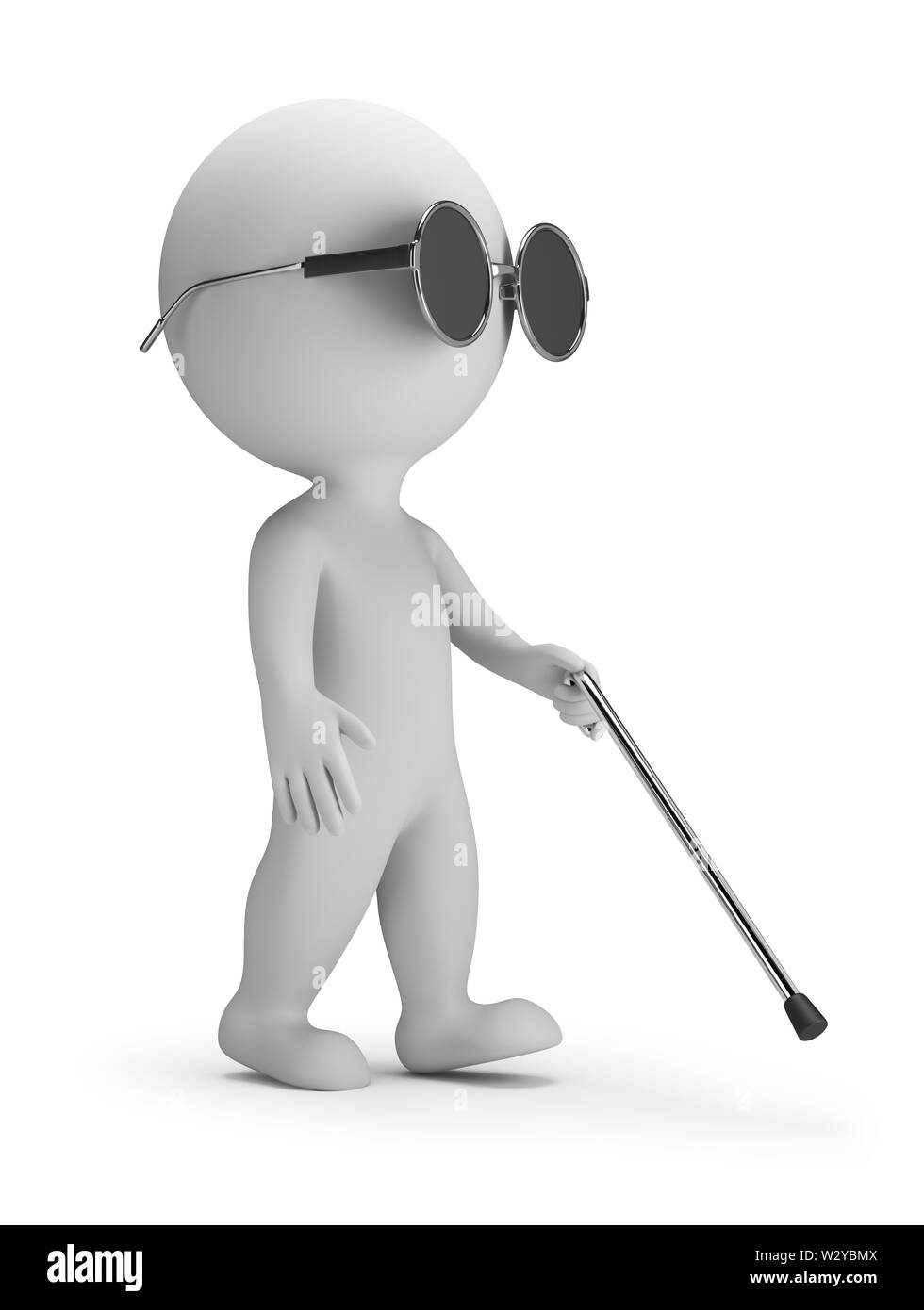 3d small person - blind with a wand. 3d image. White background. Stock Photo